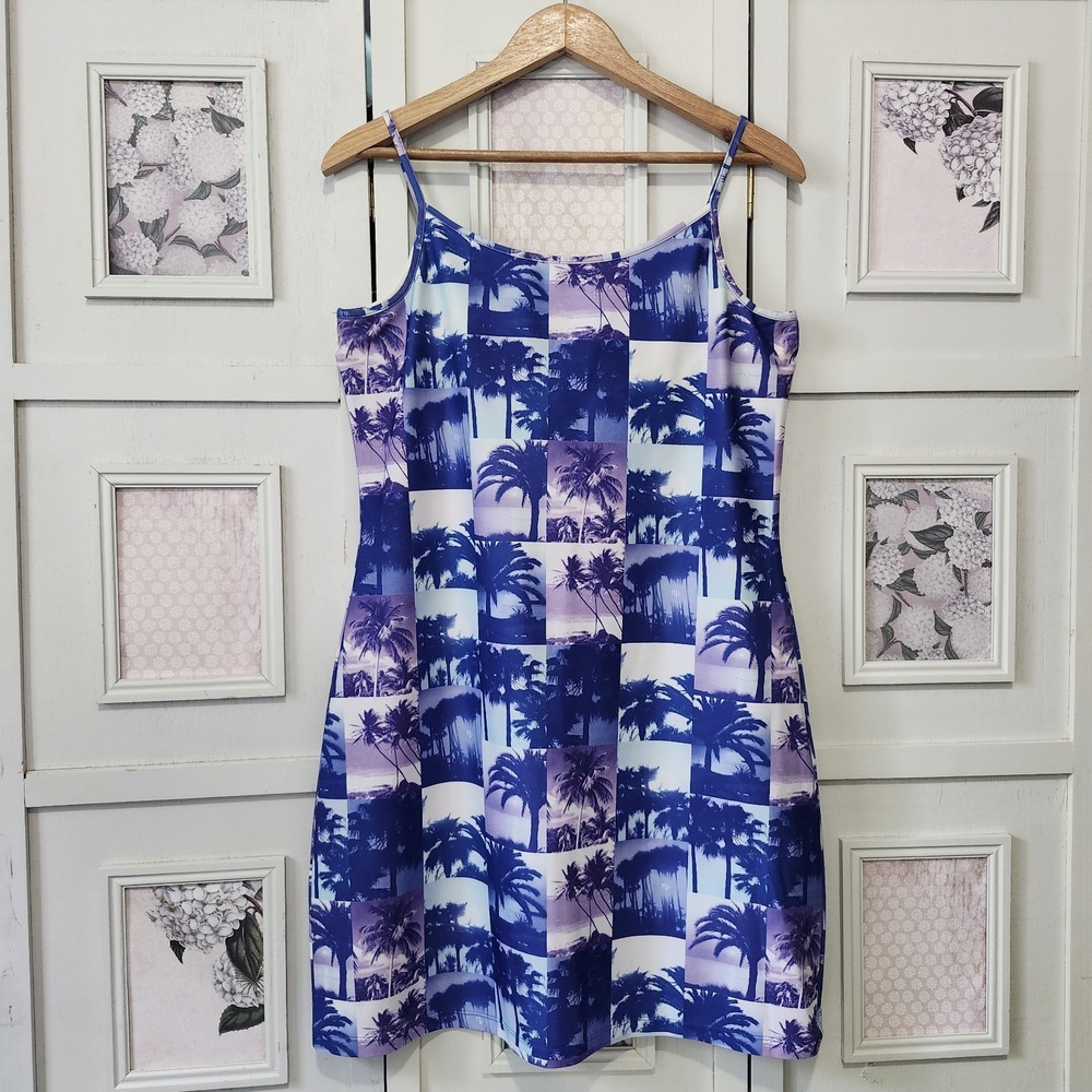 Vtg Y2K Old Navy Stretch Dress L Palm Tree Photo Print Shelf Bra Spaghetti Strap